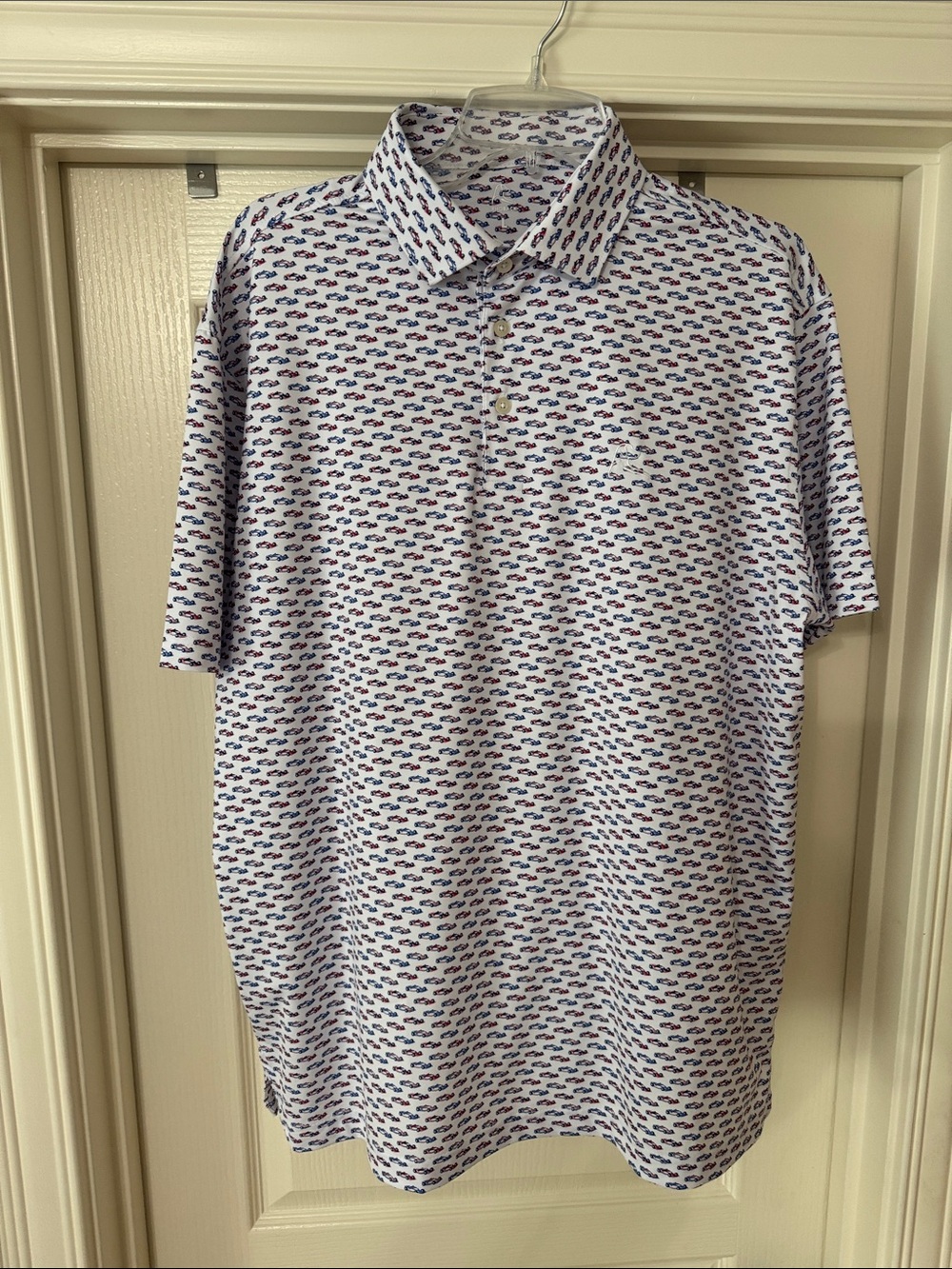 Rhoback White Polo with Blue & Red Microprint